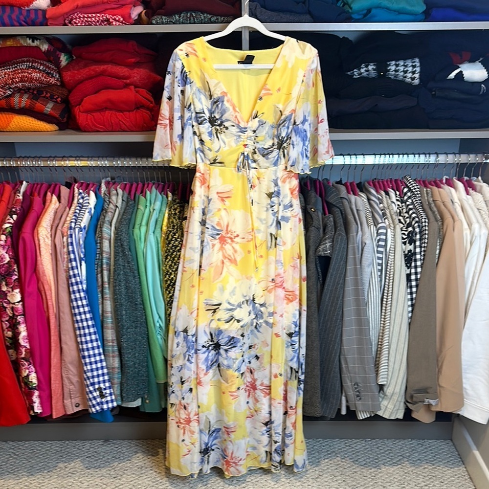 Kate and Lily yellow/blue/coral floral 1/2 sleeve v neck lined maxi dress size 4